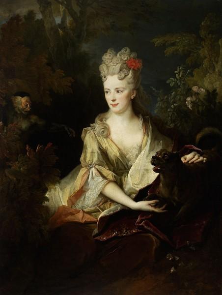 Nicolas de Largilliere Portrait of a lady with a dog and monkey oil painting image